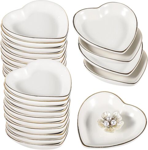 12 pcs أطباق حلية على شكل قلب ، صواني المجوهرات السيراميك للأقراط أساور قلادات ، طبق خاتم زواج المشاركة ، حافة ذهبية أنيقة in Kuwait