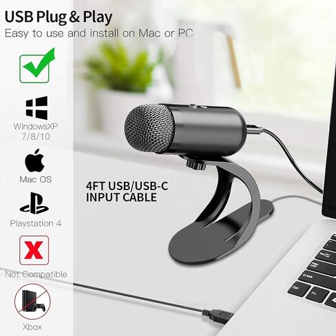 ميكروفون كمبيوتر USB، ميكروفون بودكاست سطح المكتب مع زر كتم الصوت لتسجيل البث، مكثف متعدد الاتجاهات، حامل التوصيل والتشغيل مع التحكم في مستوى الصوت للكمبيوتر الشخصي والكمبيوتر المحمول وماك ويوتيوب in Saudi Arabia