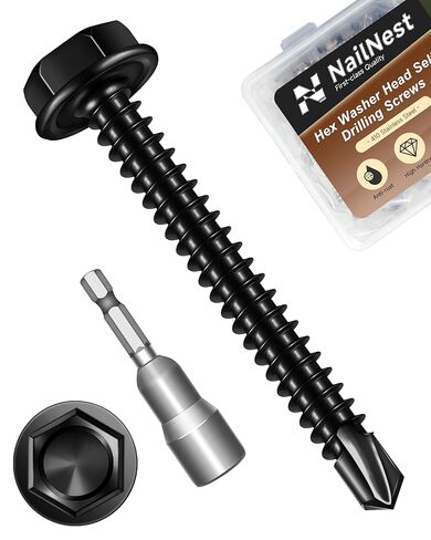 nailnest 100PCS #8 x 1-1/2" Self Drilling Screws, Black Self Tapping Screws for Metal, 410 Stainless Steel Hex Washer Head Sheet Metal Screw, Quick Tapping with Hex Socket in Saudi Arabia