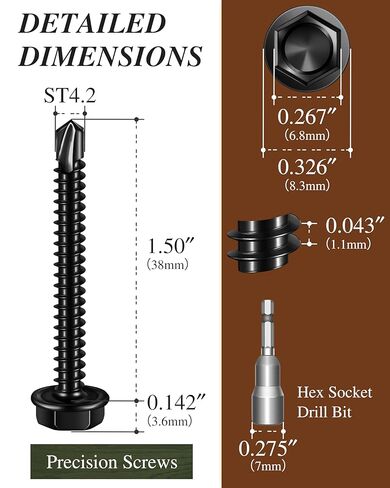 nailnest 100PCS #8 x 1-1/2" Self Drilling Screws, Black Self Tapping Screws for Metal, 410 Stainless Steel Hex Washer Head Sheet Metal Screw, Quick Tapping with Hex Socket in Saudi Arabia