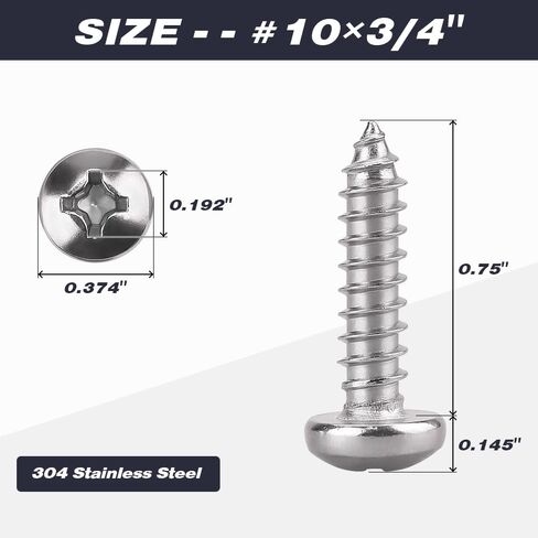 #10 x 3/4" Pan Head Phillps Drive Self Tapping Screws, 304 Stainless Steel, Round Head Sheet Metal Tek Screws, 60 PCS in Saudi Arabia