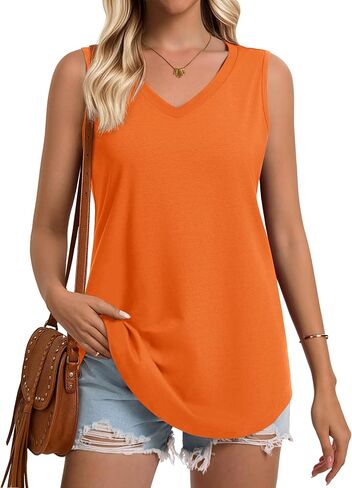 YUCOLEN Women's Tank Tops Sleeveless V Neck Loose Fit Shirts Summer Flowy Curved Hem UPF 50+ Basic Clothes in Kuwait