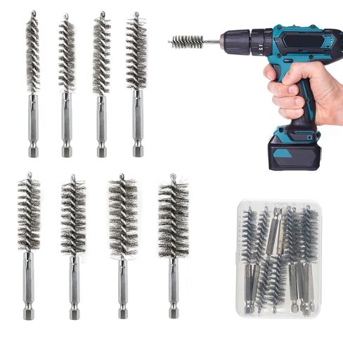 DUSCS 20-Piece Wire Bore Brush Set – 1/4" Hex Shank Stainless Steel, Brass & Nylon Bore Brushes for Drill, 8-19mm Tube Cleaning Brushes with Extension Bar & Handle in Kuwait