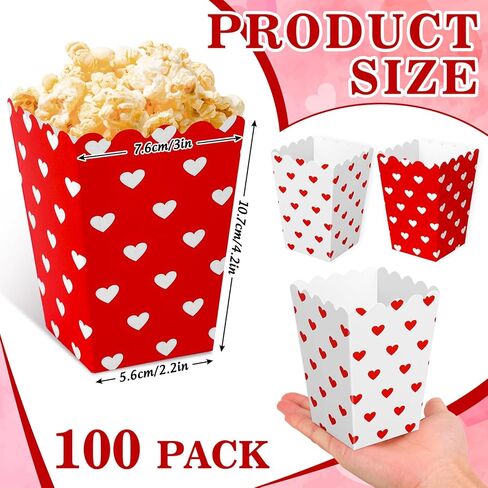 FYSUIMU 100 Pcs Valentine's Day Popcorn Boxes Mini Cardboard Popcorn Container Red White Love Heart Treat Candy Goodie Boxes for Wedding Birthday Party Supplies, 2.2 x 4.2 x 3 inch in Saudi Arabia