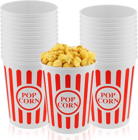 Classic Paper Popcorn Buckets 32 Oz Retro Style Popcorn Bowls Red and White Striped Pop Corn Tubs for Home Movie Night Birthday Christmas Concession Stands Carnival Supplies (12) in Kuwait