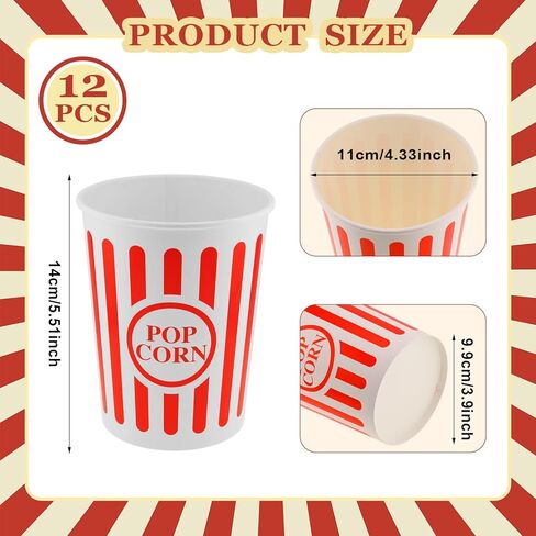 Classic Paper Popcorn Buckets 32 Oz Retro Style Popcorn Bowls Red and White Striped Pop Corn Tubs for Home Movie Night Birthday Christmas Concession Stands Carnival Supplies (12) in Kuwait
