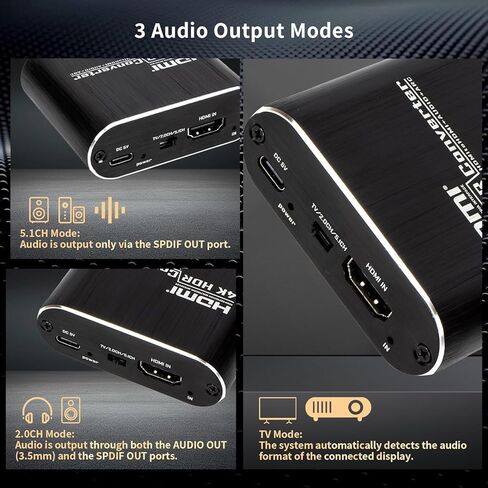 مستخرج صوت HDMI ARC 4K@60 هرتز HDMI ARC إلى محول بصري مع محول إخراج صوت بصري و3.5 مم يدعم 3D/HDCP1.4/LPCM7.1/DTS لصندوق التلفزيون/DVD/PS5/سماعة الرأس/أمبير/المسرح المنزلي in Kuwait