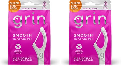 GRIN Smooth Flosspyx, Gentle Floss Picks, 150 Count, Dental Flossers, Minty Flavor, Recycled Plastic, Smooth Floss, Tight Teeth, Premium Longer Floss Head, Includes Safe Fold-Back Tooth Pick in Kuwait