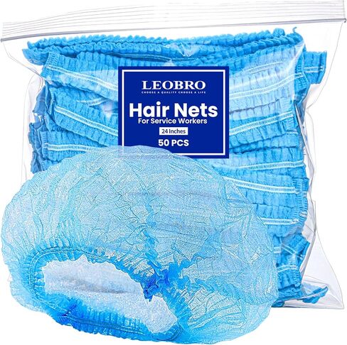 LEOBRO 24" Hair Net, Hair Nets for Food Service Workers, 50PCS Hairnets for Foodservice, Kitchen Hair Nets for Women Men Cooking, Non-woven Bouffant Caps, Disposable Hair Cap Hair Cover, Blue in Saudi Arabia