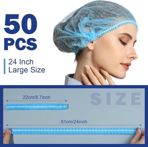 LEOBRO 24" Hair Net, Hair Nets for Food Service Workers, 50PCS Hairnets for Foodservice, Kitchen Hair Nets for Women Men Cooking, Non-woven Bouffant Caps, Disposable Hair Cap Hair Cover, Blue in Saudi Arabia