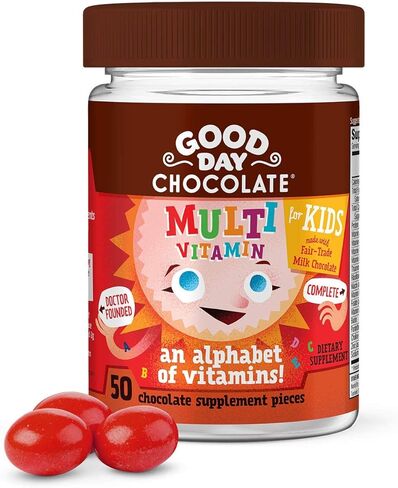 Good Day Chocolate Complete Multivitamin for Kids, Daily Supplement of Vitamins A, B6, B12, C, D, E, Folate and Biotin, Fair Trade and Non-GMO Chocolate, 2 Pack in Kuwait