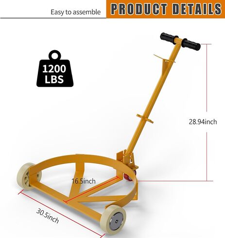Dithoko 55 Gallon Drum Dolly, 1200 lbs Capacity Oil Drum Cart with 1 Swivel Wheel and 2 Fixed PU Wheels, Profile Steel Oil Barrel Drum Roller Cart for Workshops Factories and Warehouses in Kuwait