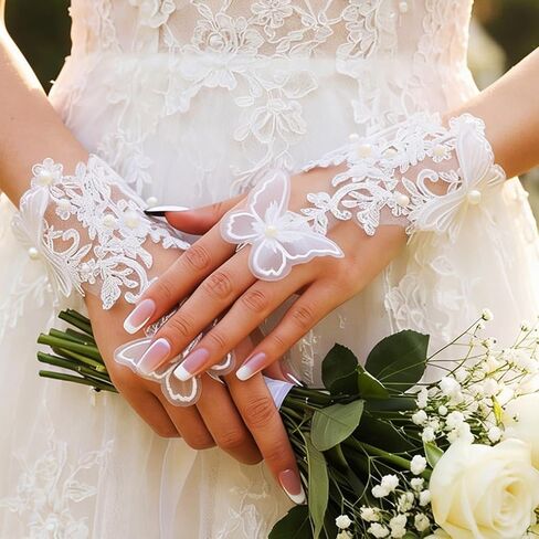 GORTIN Bride Wedding Gloves White Short Lace Fingerless Glove Pearl Opera Prom Bridal Gloves for Women in Saudi Arabia