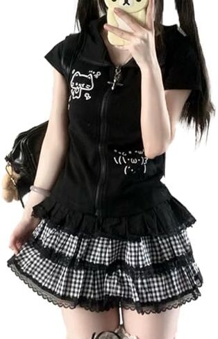 Kawaii y2k هوديس طباعة لطيف للنساء الأكمام القصيرة الأذنين Cat هوديي Kawaii zip up عارضة ملابس رفيعة in Kuwait
