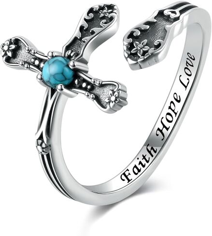 Vintage Cross Spoon Ring 925 Sterling Silver-Antique Turquoise Faith Thumb Rings Victorian Style-Inspirational Jewelry Gifts for Women in Kuwait