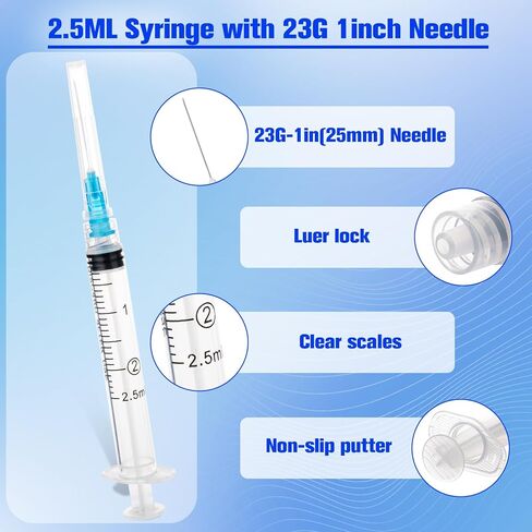 2.5ml Syringe with Needle, 23Ga 1inch 1cc Luer Lock Syringe for Scientific Labs, Measuring Liquid, Disposable Individually Packaged, Pack of 100 in Saudi Arabia