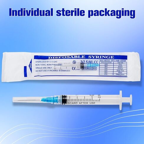 2.5ml Syringe with Needle, 23Ga 1inch 1cc Luer Lock Syringe for Scientific Labs, Measuring Liquid, Disposable Individually Packaged, Pack of 100 in Saudi Arabia