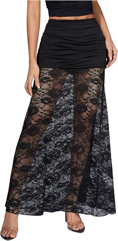 تنانير الدانتيل للسيدات maxi y2k ruched شبكي الشبكية إسقاط الخصر التنورة الطويلة in Kuwait