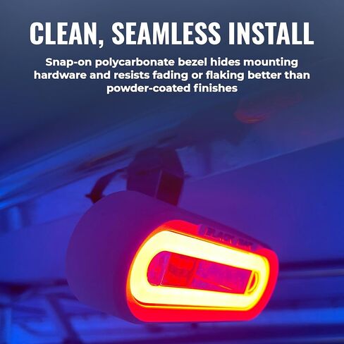 أضواء الموزعة البحرية المقاومة للماء من Black Oak Low Pro - شريط إضاءة LED أو شريط إضاءة على سطح السفينة، 2000 لومن، شعاع 120 درجة، IP69K، دعامة تثبيت (مبيت أبيض، هالة زرقاء) in Kuwait