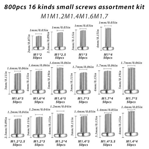 800Pcs Tiny Screws for Electronics Mini Screw Assortment Kit M1/M1.2/M1.4/M1.6/M1.7 Micro Pan Head Small Machine Screws for Eletronic Equipment Repair Mobile Phone Eyeglasses Watch Clocks in Saudi Arabia