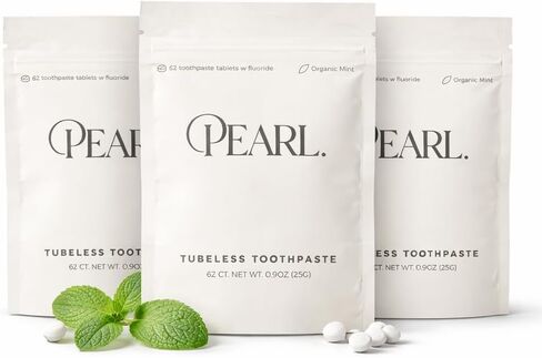 Pearl Starter Kit with White Sea Glass Jar + Fluoride Mint Toothpaste Tablets | Natural Whitening | Sensitivity Relief | Dentist Developed | TSA Approved | Plastic-Free | 62 Tablets | Refill Pouch in Kuwait