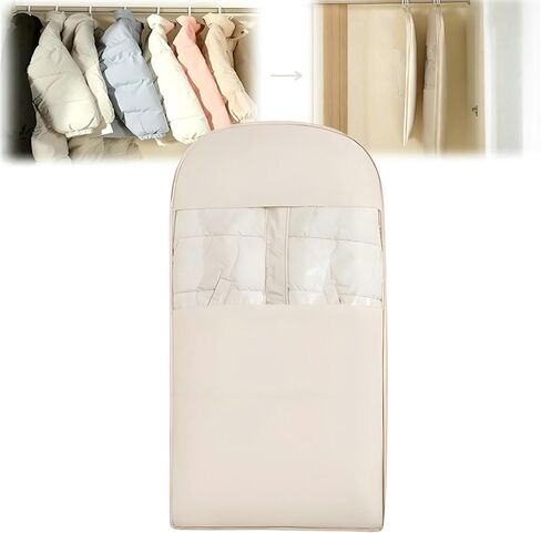 Space Saving Hanging Garment Bag with Self Compression Zipper, 2025 New Space Saver Clothes Storage Organizer, Dust Cover Clothes Bags for Down Coat Suit Dress or Jacket (Beige, L) in Saudi Arabia