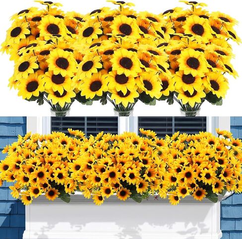Redbaker 24 Bundles Sunflower Artificial Flower with Stems Bouquet Fake Plants Bulk UV Resistant Plastic Faux Outdoor Flower No Fade for Wedding Fall Garden Home Window Decor in Kuwait