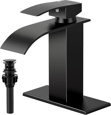 FDKW Matte Black Bathroom Faucets, Waterfall Bathroom Sink Faucet Single Handle Bathroom Faucet for 1 or 3 Hole, Mixer Tap Vanity Faucet with Deck Plate, Pop-up Drain and Supply Hoses in Saudi Arabia