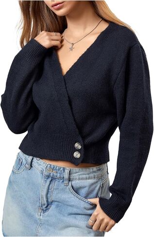 WDIRARA Women's Wrap V Neck Sweater Button Front Long Sleeve Crop Knitted Top in Saudi Arabia
