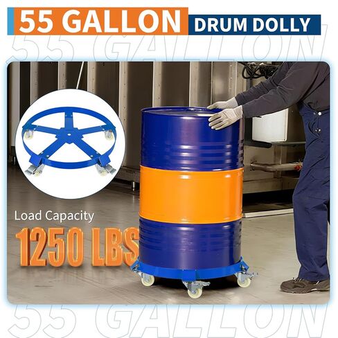 55 Gallon Heavy Duty Drum Dolly, 1,250 Pound Capacity,Barrel Dolly Cart Drum Caddy with Cross Braces & Swivel Casters Wheel,Non Tipping Design,Barrel Cart with Brake for Warehouse Drum Handling in Saudi Arabia