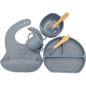 اسم مخصصة Food Grade 6pcs مجموعة تغذية الأطفال مع ملعقة ، شوكة ، أوعية شفط السيليكون ، الكوب ، الصفيحة ، و Bib BPA خالية - تغذية ذاتية المرحلة الأولى in Kuwait