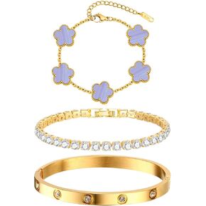 Womens Stackable Floral Gold Bracelets - 3Pcs 18K Gold Plated Bracelet,Stainless Steel Bangle Bracelets Non Tarnish, Gold Bracelet Set Trendy Jewelry,Christmas Valentines Birthday Gifts for Girlfriend in Kuwait