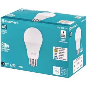 EcoSmart A19 60 وات مكافئ مع لمبة إضاءة LED قابلة لتعديل درجة حرارة اللون (8 عبوات) in Saudi Arabia
