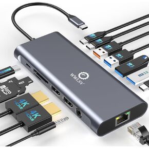 محطة إرساء USB C لأجهزة الكمبيوتر المحمول، محول شاشات عرض ثلاثية 10 في 1 4K Dual HDMI، 1080P VGA، 3 USB3.0/2.0، TF/SD 2.0، صوت 3.5 مم، 100 وات PD، متوافق مع MacBook وHP وDell وLenovo سطح in Kuwait