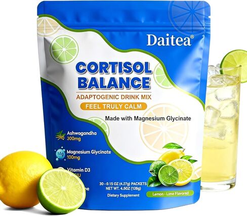 Cortisol Calm Powdered Drink Mix with Magnesium Glycinate, L-Theanine, Vitamins, and Ashwagandha for Relaxation & Focus | Adaptogenic Drink & Cortisol Support | 30 Packets (Raspberry & Lemon Flavor) in Saudi Arabia