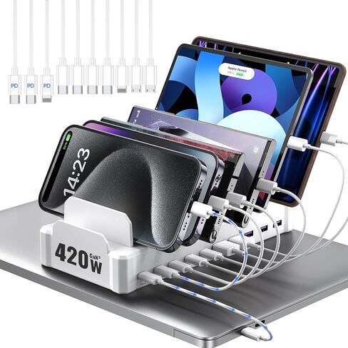 Zobirez 420W 10-Port Fast USB Charging Station for Multiple Devices, Black | USB-C 1 & 2: Dual 65W Laptop Charging; 3x45W and 5x30W Ports for Phones, Tablets & Accessories; Includes 10 Cables in Saudi Arabia