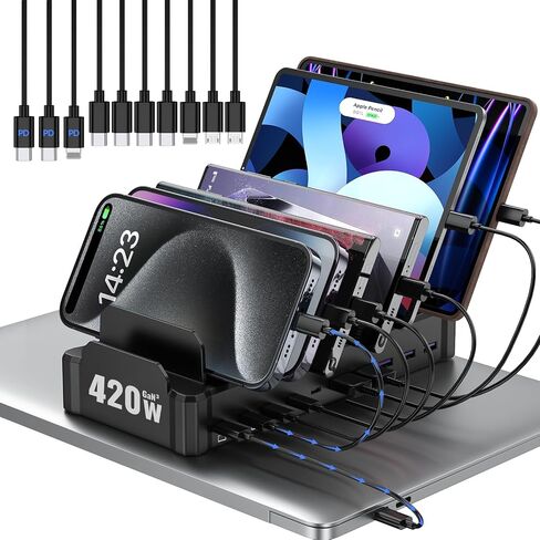 محطة شحن بقوة 320 واط لأجهزة متعددة، محطات شحن سريعة Zobirez ذات 10 منافذ USB C لأجهزة MacBook وiPhone والهاتف الخلوي Android وiPad والكمبيوتر اللوحي وقاعدة شحن منظم الأجهزة المتعددة للعائلة، أسود in Saudi Arabia