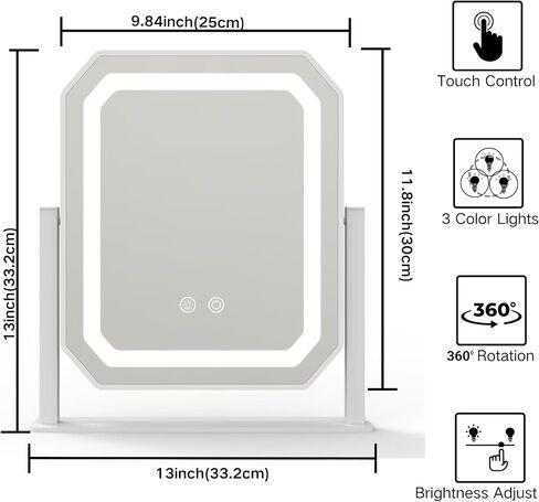 مرآة الغرور هوليوود مع الأضواء ، مرآة مكياج مضاءة مع أضواء ، 3 أوضاع لإضاءة الألوان ، قابلة للضايق ، مرآة تكبير 5x ، التحكم في اللمس الذكي ، دوران 360 درجة (12 بوصة ، أبيض) in Kuwait