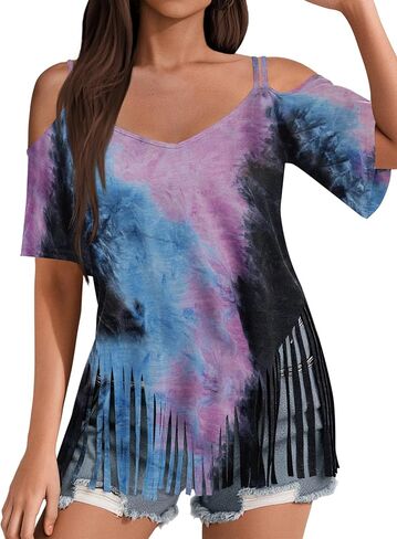 Remidoo Fringe Tops for Women Oversized T Shirt Bell Short Sleeve Sexy V Neck Shirts in Kuwait