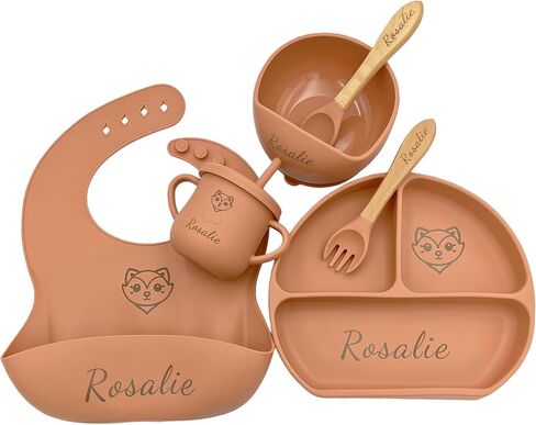اسم مخصصة Food Grade 6pcs مجموعة تغذية الأطفال مع ملعقة ، شوكة ، أوعية شفط السيليكون ، الكوب ، الصفيحة ، و Bib BPA خالية - تغذية ذاتية المرحلة الأولى in Kuwait