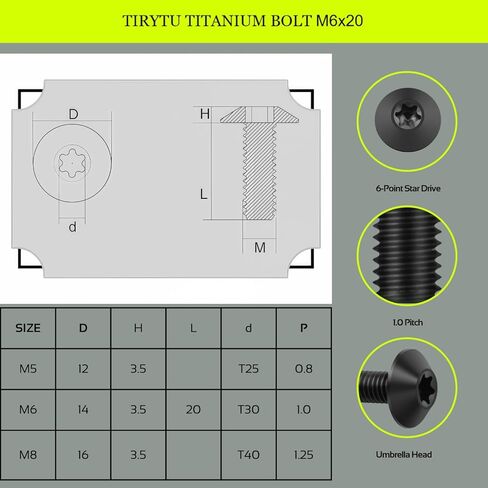مسامير تيتانيوم TIRYTU M6x20 - تصميم خفيف الوزن | مثالية للبيئات الرطبة/المالحة، براغي T30 لأجهزة رأس المظلة، وأجزاء الدراجات النارية MTB وركوب الدراجات (4 قطع M6X20mm أسود) in Kuwait