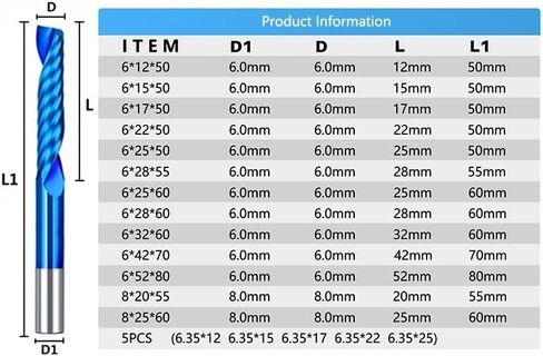 LYZYSNEJ 1pcs Solid Carbide O Single Flute Spiral End Mill CNC Router Bits 6mm Shank Blue Coating Woodworking Cutting Carving Milling Cutter for Wood Acrylic PVC(6x17x50) in Saudi Arabia