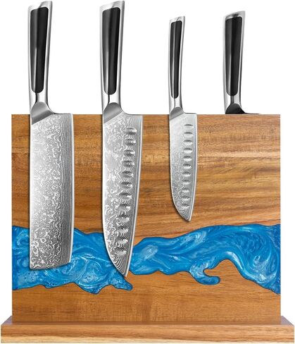 minyuexia magnetic knife holder - Acacia wood blue resin river knife block, double-sided magnetic, 12.59 × 9.84 inches (Without knife) in Saudi Arabia
