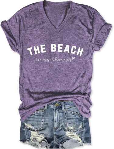 The Beach is My Therapy Shirts for Women, Funny V Neck Short Sleeve Tops Loose Fit Casual Letter Print Graphic Tees in Kuwait