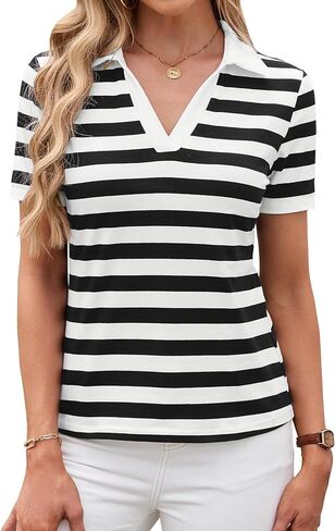 LilyCoco Womens Striped Shirt Fitted Collared Neck Short Sleeve T Shirt in Kuwait