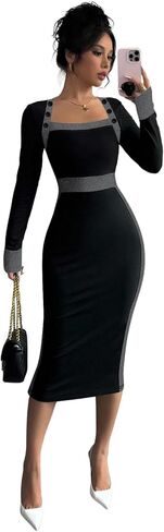 SOLY HUX Women's Long Sleeve Square Neck Bodycon Elegant Midi Dress Pencil Cocktail Party Dresses in Kuwait