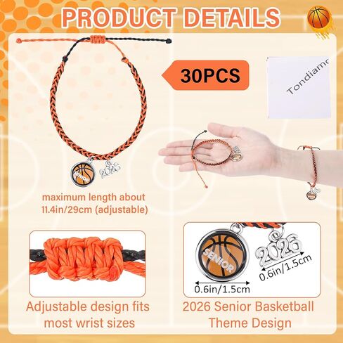Tondiamo 30 Pcs Basketball Bracelets Basketball Gifts 2026 Senior Woven Charm Bracelets Adjustable Waterproof Black Orange Jewelry for Sport Team Lovers Players Gifts in Saudi Arabia