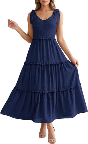 Okiwam Womens Summer Dresses 2025 Spring V Neck Sleeveless Tie Strap Maxi Beach Sundresses Boho Swiss Dot Wedding Guest Dress in Kuwait
