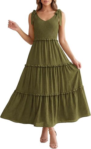 Okiwam Womens Summer Dresses 2025 Spring V Neck Sleeveless Tie Strap Maxi Beach Sundresses Boho Swiss Dot Wedding Guest Dress in Kuwait