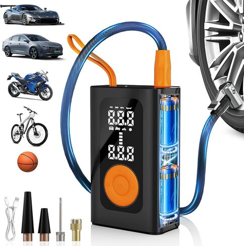 ضاغط الهواء المحمول في إطارات الإطارات لإطارات السيارات ، مضخة الهواء اللاسلكي السريع 2x مع مقياس ضغط إطارات السيارة ، 150 PSI إطارات محمولة للدراجة النارية للدراجة (أسود ، قياسي) in Kuwait